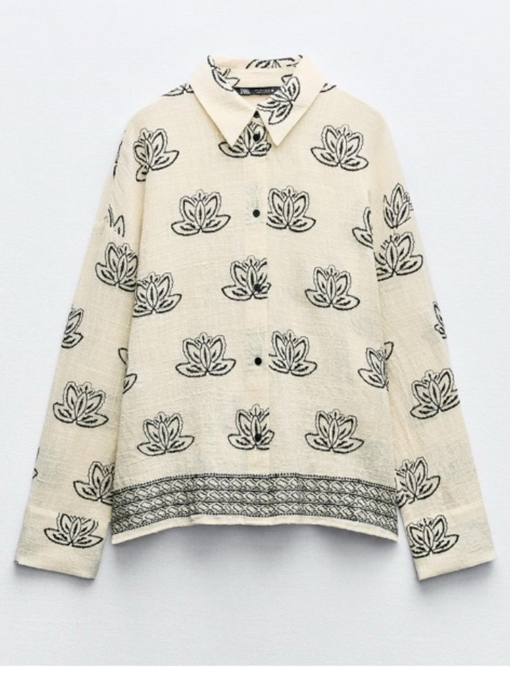 Zara Cream Button-Down Shirt with Black Floral Print